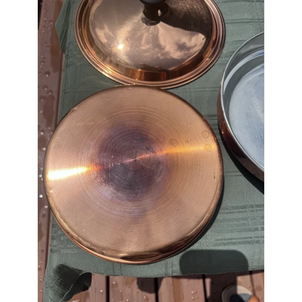 Vintage Italian 3 Piece Copper Double Boiler Chafing Pan Wood Handle Lid 9.25